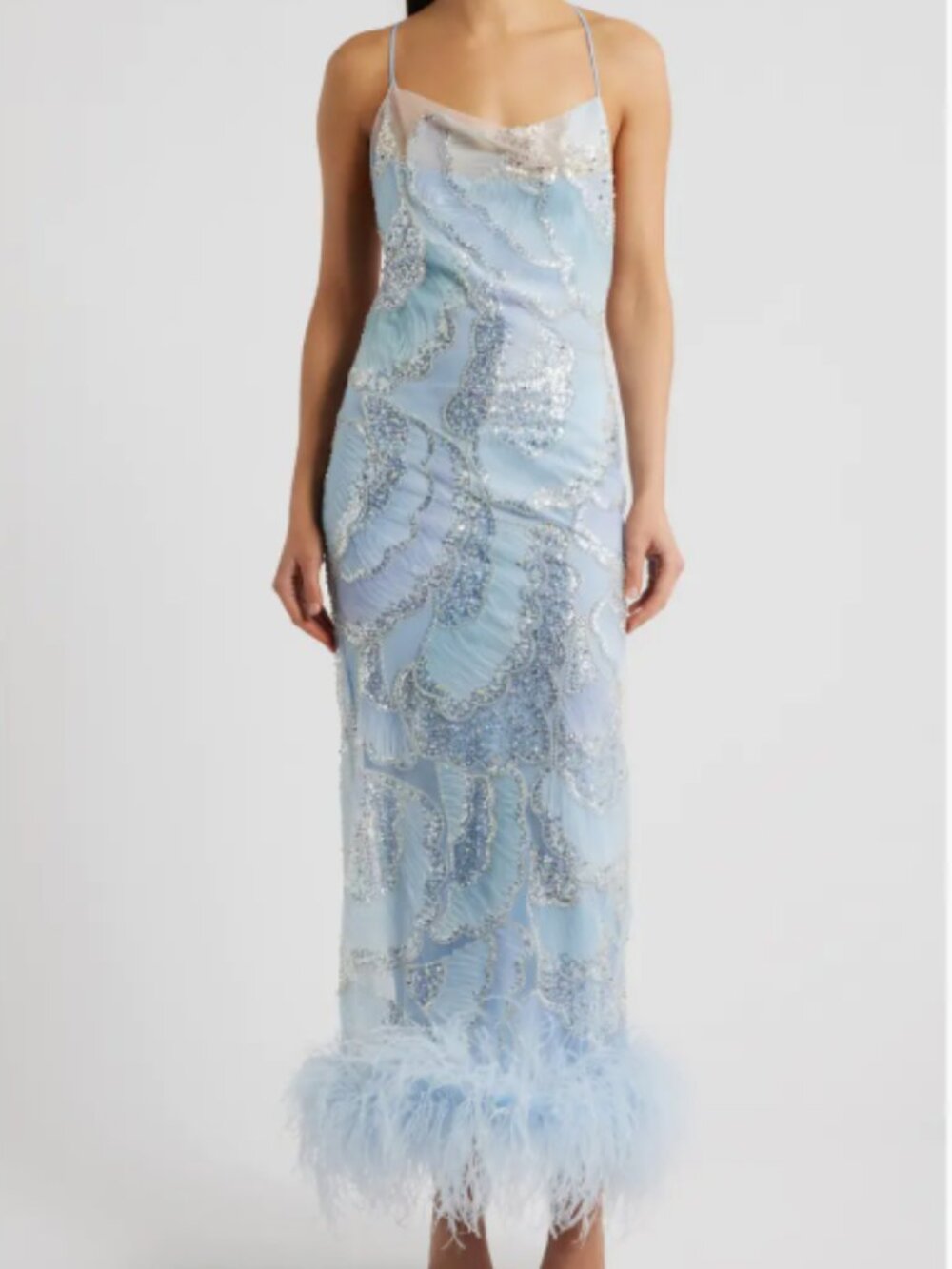 Delfi Collective Shani Sequin Ostrich Feather Hem Gown NWT